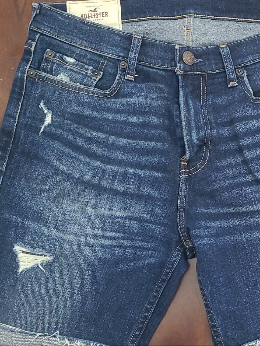 Hollister Men's Dark Blue Distressed Denim Cutoff Shorts